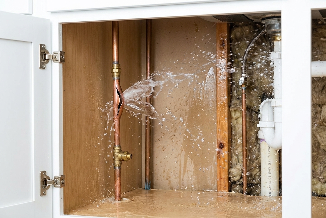 Burst residential water pipe spraying water