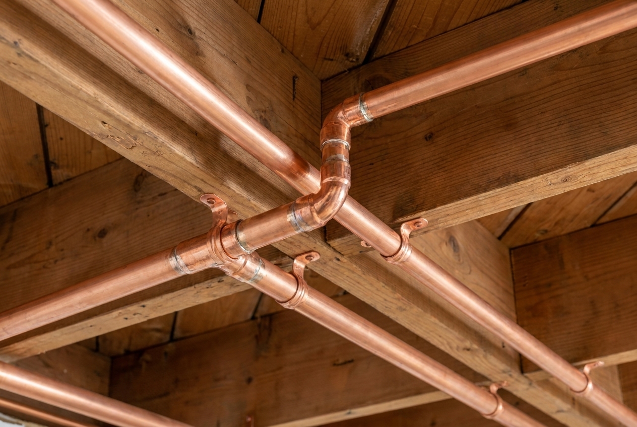 New copper water pipes installed along a basement ceiling