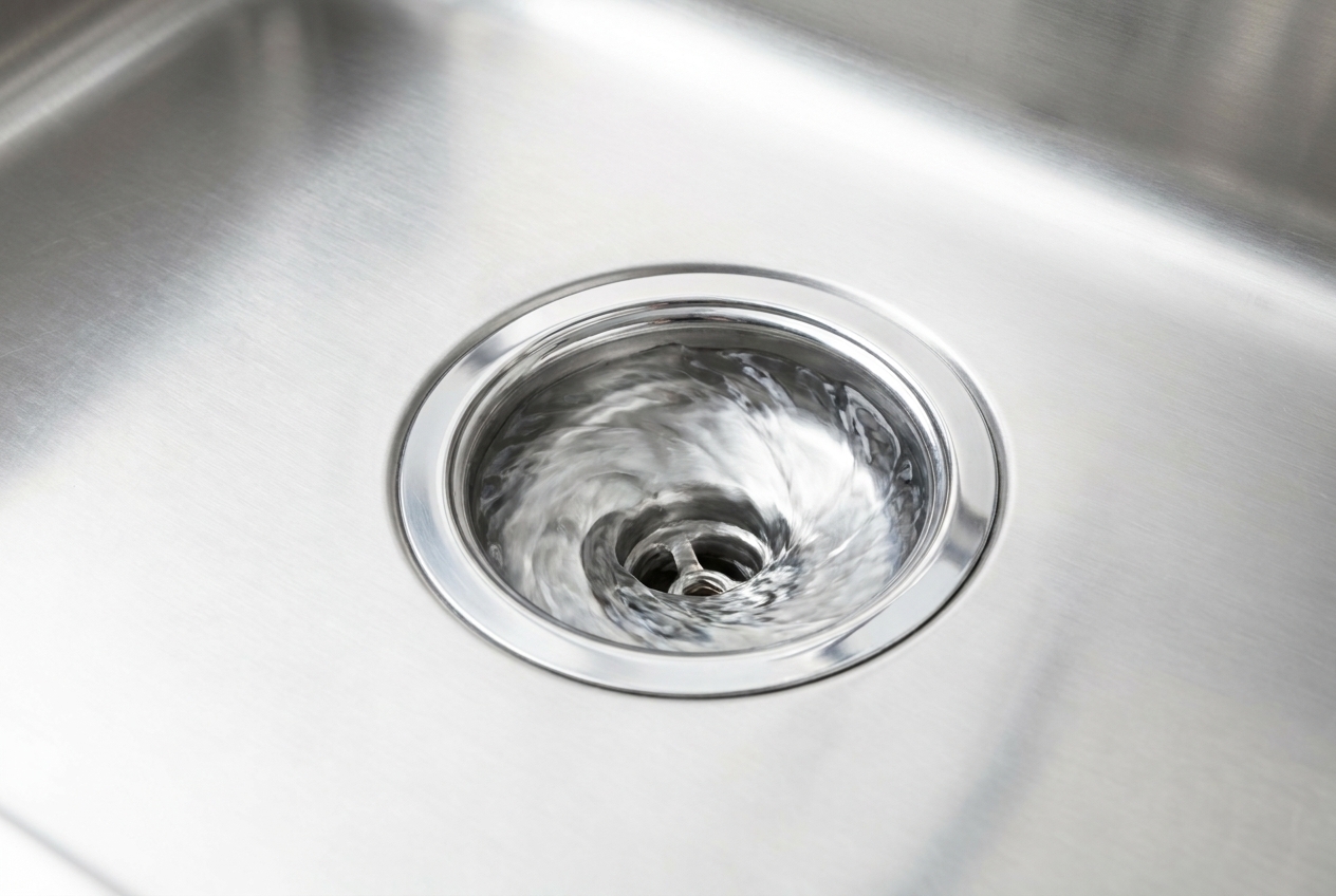Water draining freely down a clean kitchen sink