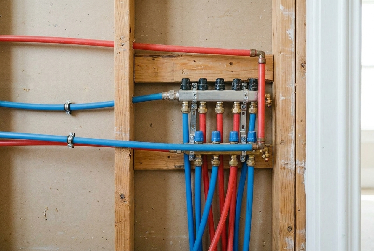 New PEX plumbing manifold with color-coded supply lines