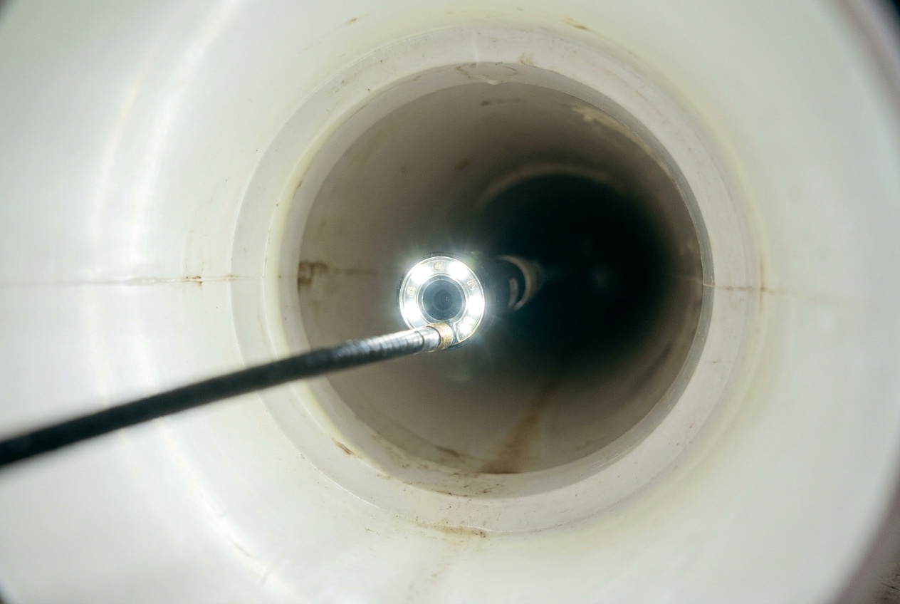 Inspection camera view inside a sewer pipe