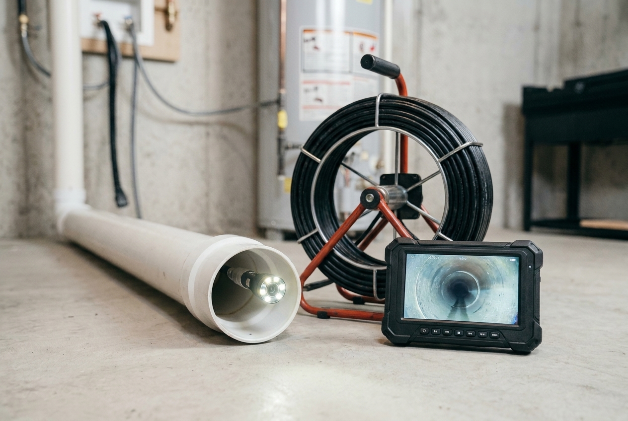 Sewer inspection camera reel and monitor screen