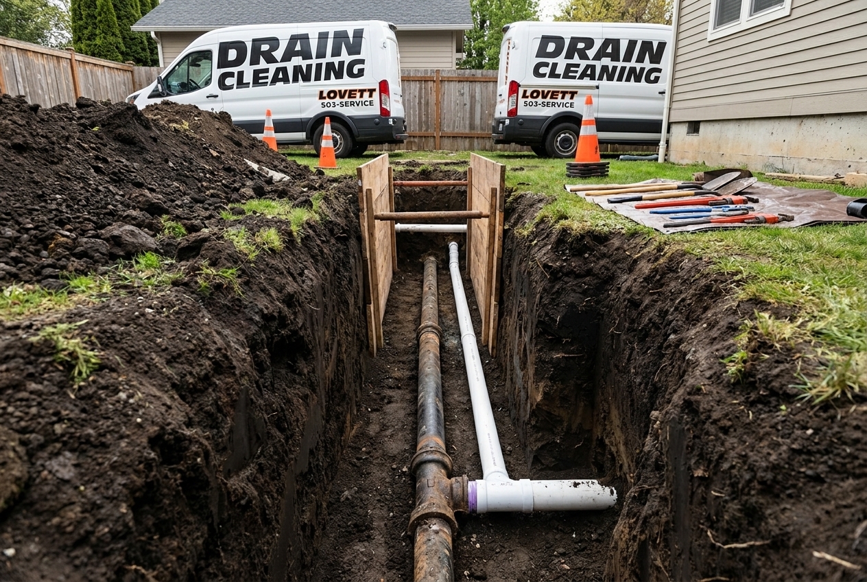 Excavated residential sewer line exposed in a trench