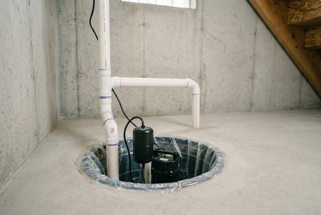 Sump pump installed in a sump pit basin