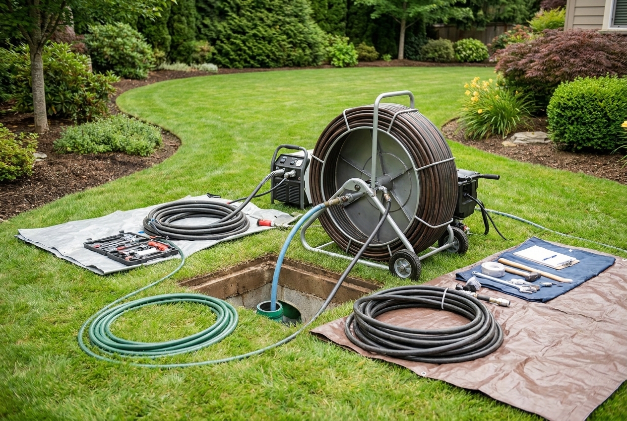 Trenchless pipe repair equipment at a small access pit