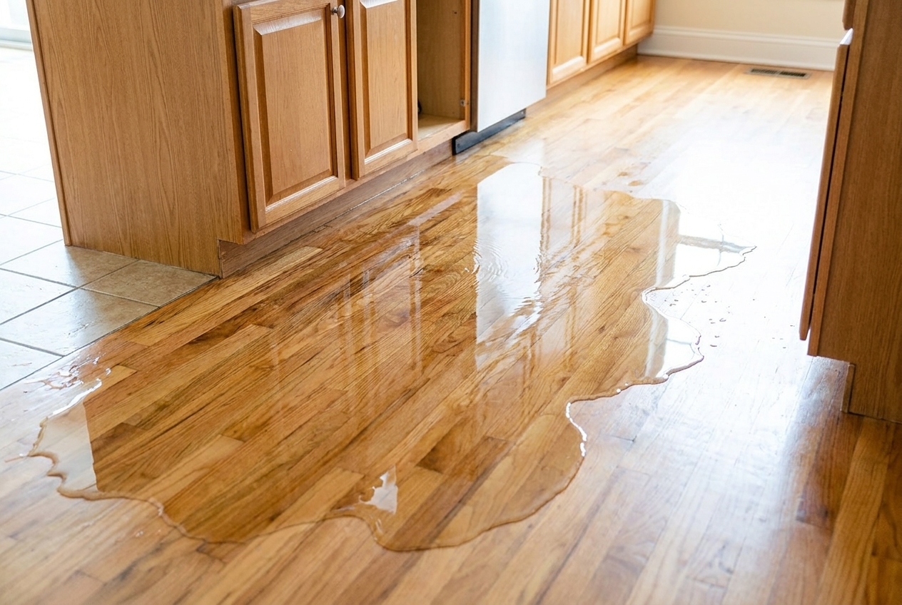 Water damage spreading across a floor from a plumbing failure