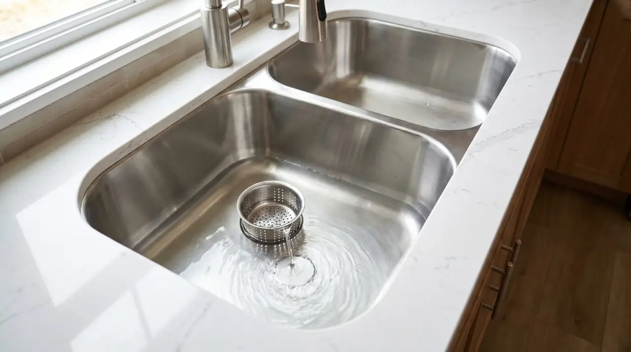 Water draining slowly through a stainless steel kitchen sink strainer