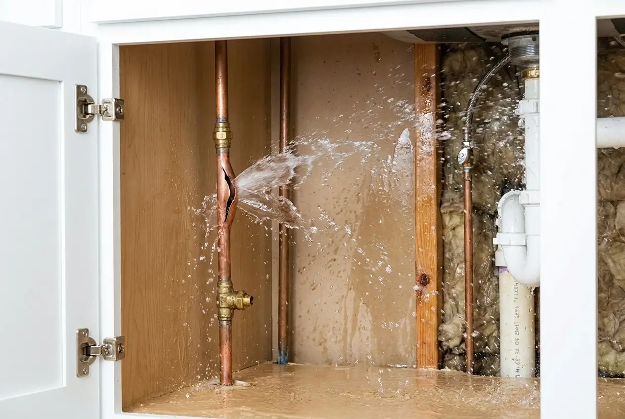 Burst residential water pipe spraying water